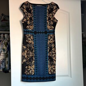 Maggy London Black and Blue Midi Dress with Gold Accents